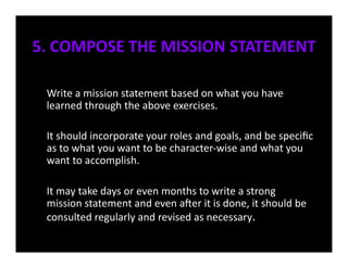 5.	
  COMPOSE	
  THE	
  MISSION	
  STATEMENT	
  

  Write	
  a	
  mission	
  statement	
  based	
  on	
  what	
  you	
  have	
  
  learned	
  through	
  the	
  above	
  exercises.	
  	
  

 	
  It	
  should	
  incorporate	
  your	
  roles	
  and	
  goals,	
  and	
  be	
  speciﬁc	
  
     as	
  to	
  what	
  you	
  want	
  to	
  be	
  character-­‐wise	
  and	
  what	
  you	
  
     want	
  to	
  accomplish.	
  

 	
  It	
  may	
  take	
  days	
  or	
  even	
  months	
  to	
  write	
  a	
  strong	
  
     mission	
  statement	
  and	
  even	
  aYer	
  it	
  is	
  done,	
  it	
  should	
  be	
  
     consulted	
  regularly	
  and	
  revised	
  as	
  necessary.	
  
 
