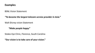Examples
BSNL Vision Statement
“To become the largest telecom service provider in Asia.”
Walt Disney vision Statement
“Make people happy”
Stokes Eye Clinic, Florence, South Carolina
“Our vision is to take care of your vision.”
 