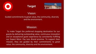 o Target
Vision:
Guided commitments to great value, the community, diversity
and the environment.
Mission:
To make Target the preferred shopping destination for our
guests by delivering outstanding value, continuous innovation
and an exceptional guest experience by consistently fulfilling
our Expect More. Pay Less. Brand promise. To support their
mission, they are guided by their commitments to great
value, the community, diversity and the environment.
 