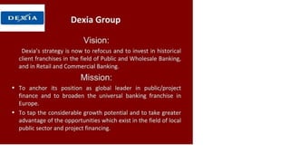Vision:
Dexia's strategy is now to refocus and to invest in historical
client franchises in the field of Public and Wholesale Banking,
and in Retail and Commercial Banking.
Mission:
• To anchor its position as global leader in public/project
finance and to broaden the universal banking franchise in
Europe.
• To tap the considerable growth potential and to take greater
advantage of the opportunities which exist in the field of local
public sector and project financing.
 
