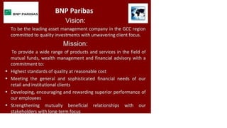 B N P P A R IB A S
BNP Paribas
Vision:
To be the leading asset management company in the GCC region
committed to quality investments with unwavering client focus.
Mission:
To provide a wide range of products and services in the field of
mutual funds, wealth management and financial advisory with a
commitment to:
• Highest standards of quality at reasonable cost
• Meeting the general and sophisticated financial needs of our
retail and institutional clients
• Developing, encouraging and rewarding superior performance of
our employees
• Strengthening mutually beneficial relationships with our
stakeholders with long-term focus________________________
 