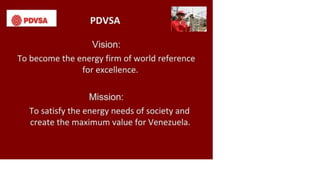 >X
K
< PDVSA PDVSA
Vision:
To become the energy firm of world reference
for excellence.
Mission:
To satisfy the energy needs of society and
create the maximum value for Venezuela.
 