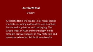 ArcelorMittal
Vision:
ArcelorMittal is the leader in all major global
markets, including automotive, construction,
household appliances and packaging. The
Group leads in R&D and technology, holds
sizeable captive supplies of raw materials and
operates extensive distribution networks.
 