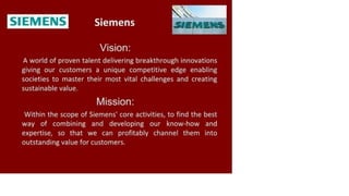 Siemens 3 ÏE M E H S
Vision:
A world of proven talent delivering breakthrough innovations
giving our customers a unique competitive edge enabling
societies to master their most vital challenges and creating
sustainable value.
Mission:
Within the scope of Siemens' core activities, to find the best
way of combining and developing our know-how and
expertise, so that we can profitably channel them into
outstanding value for customers.
 
