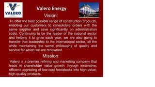 VALERO
Valero Energy
Vision:
To offer the best possible range of construction products,
enabling our customers to consolidate orders with the
same supplier and save significantly on administration
costs. Continuing to be the leader of the national sector
and helping it to grow each year, we are also going to
transfer that leadership to the international sector, all the
while maintaining the same philosophy of quality and
service for which we are renowned.
Mission:
Valero is a premier refining and marketing company that
leads in shareholder value growth through innovative,
efficient upgrading of low-cost feedstocks into high-value,
high-quality products.
 