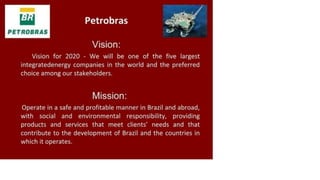 PETROBRAS
Petrobras
Vision:
Vision for 2020 - We will be one of the five largest
integratedenergy companies in the world and the preferred
choice among our stakeholders.
Mission:
Operate in a safe and profitable manner in Brazil and abroad,
with social and environmental responsibility, providing
products and services that meet clients' needs and that
contribute to the development of Brazil and the countries in
which it operates.
 