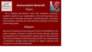 GENERALI
Assicurazioni Generali
Vision:
Be a leading international team that produces consistent,
excellent results for our stakeholders in the short and long term;
reduce and to leverage constantly a pioneering spirit, innovation
and excellence; become the most attractive employer for the best
performing people.
Mission:
Become the leading insurance group in terms of profitability in the
major European countries in which the Group operates and play
an important role in high-potential markets; grow in the retail and
SME (Small & Medium-sized Enterprises) sectors by implementing
a distribution strategy based primarily on agents networks and
focused on a multi-brand approach.
 