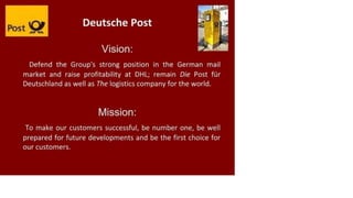Deutsche Post
Vision:
Defend the Group's strong position in the German mail
market and raise profitability at DHL; remain Die Post fur
Deutschland as well as The logistics company for the world.
Mission:
To make our customers successful, be number one, be well
prepared for future developments and be the first choice for
our customers.
 