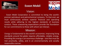 Exxon Mobil
EJfcON
M obil
Vision:
Exxon Mobil Corporation is committed to being the world's
premier petroleum and petrochemical company. To that end, we
must continuously achieve superior financial and operating
results while adhering to the highest standards of business
conduct. These unwavering expectations provide the foundation
for our commitments to those with whom we interact.
Mission:
Energy is fundamental to the world's economies. Improving living
standards around the globe requires affordable, reliable energy.
Providing this energy is an enormous challenge - one that must be
met practically, safely, and in an environmentally and socially
responsible manner.
 