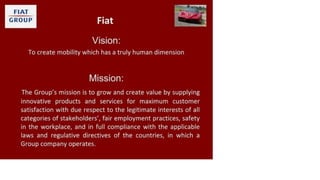 FIAT
GROUP Fiat
Vision:
To create mobility which has a truly human dimension
Mission:
The Group's mission is to grow and create value by supplying
innovative products and services for maximum customer
satisfaction with due respect to the legitimate interests of all
categories of stakeholders', fair employment practices, safety
in the workplace, and in full compliance with the applicable
laws and regulative directives of the countries, in which a
Group company operates.
 