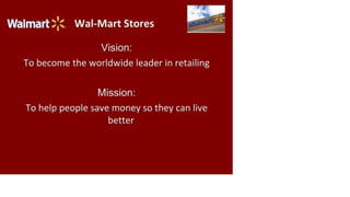 Walmart zp. Wal-Mart Stores
Vision:
To become the worldwide leader in retailing
Mission:
To help people save money so they can live
better
 