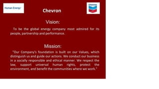Chevron
Human Energy
Chevron
Vision:
To be the global energy company most admired for its
people, partnership and performance.
Mission:
"Our Company's foundation is built on our Values, which
distinguish us and guide our actions. We conduct our business
in a socially responsible and ethical manner. We respect the
law, support universal human rights, protect the
environment, and benefit the communities where we work."
 