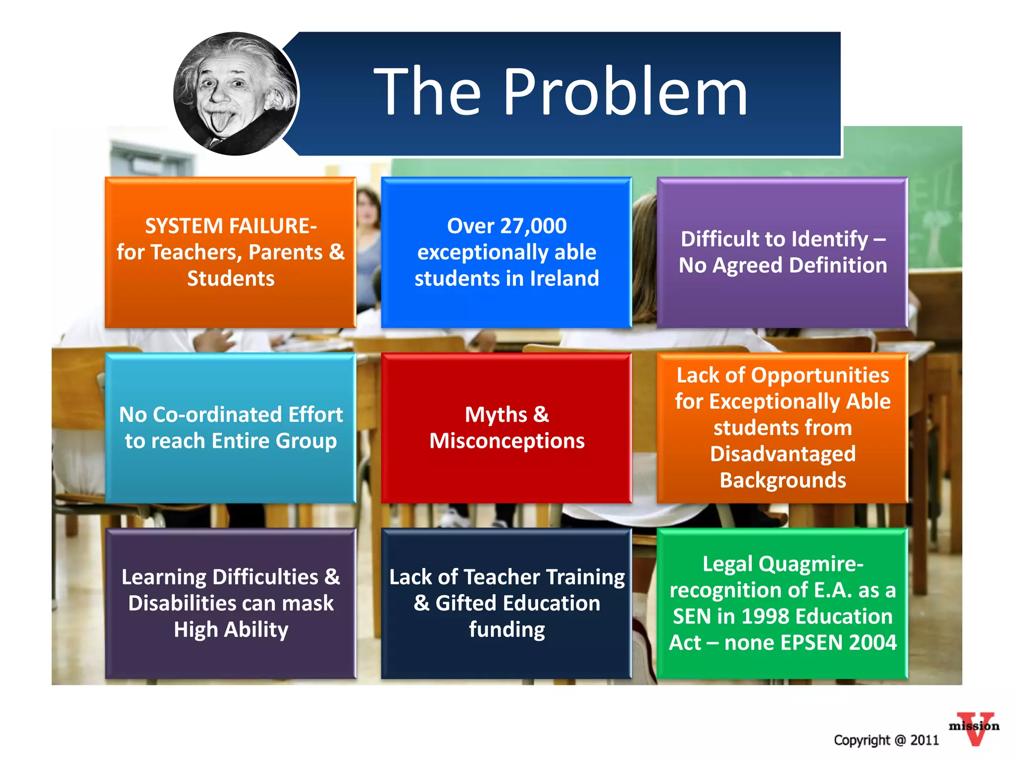 The Problem
   SYSTEM FAILURE-             Over 27,000
                                                      Difficult to Identify –
for Teachers, Parents &     exceptionally able
                                                      No Agreed Definition
       Students             students in Ireland



                                                     Lack of Opportunities
                                                     for Exceptionally Able
No Co-ordinated Effort           Myths &
                                                         students from
to reach Entire Group         Misconceptions
                                                         Disadvantaged
                                                          Backgrounds


                                                        Legal Quagmire-
Learning Difficulties &   Lack of Teacher Training
                                                     recognition of E.A. as a
 Disabilities can mask      & Gifted Education
                                                     SEN in 1998 Education
     High Ability                  funding
                                                     Act – none EPSEN 2004
 