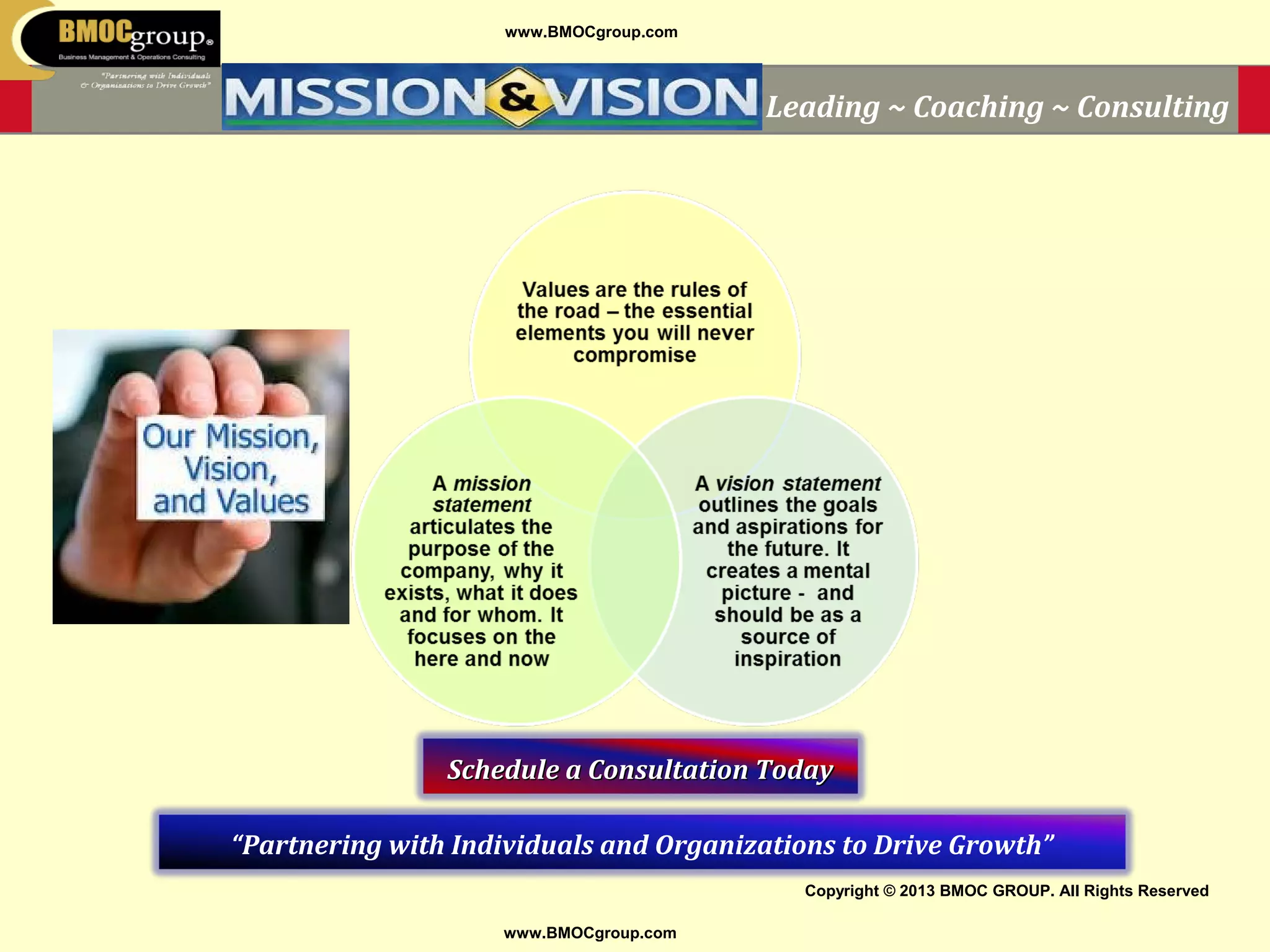 www.BMOCgroup.com
Copyright © 2013 BMOC GROUP. All Rights Reserved
www.BMOCgroup.com
Leading ~ Coaching ~ Consulting
Schedule a Consultation TodaySchedule a Consultation Today
“Partnering with Individuals and Organizations to Drive Growth”
 