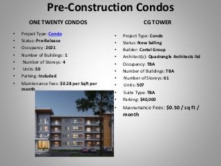 Pre-Construction Condos
ONE TWENTY CONDOS
• Project Type: Condo
• Status: Pre-Release
• Occupancy: 2021
• Number of Buildings: 1
• Number of Storeys: 4
• Units: 50
• Parking: Included
• Maintenance Fees: $0.28 per Sqft per
month
CG TOWER
• Project Type: Condo
• Status: Now Selling
• Builder: Cortel Group
• Architect(s): Quadrangle Architects ltd
• Occupancy: TBA
• Number of Buildings: TBA
• Number of Storeys: 61
• Units: 507
• Suite Type: TBA
• Parking: $40,000
• Maintenance Fees: $0.50 / sq ft /
month
 