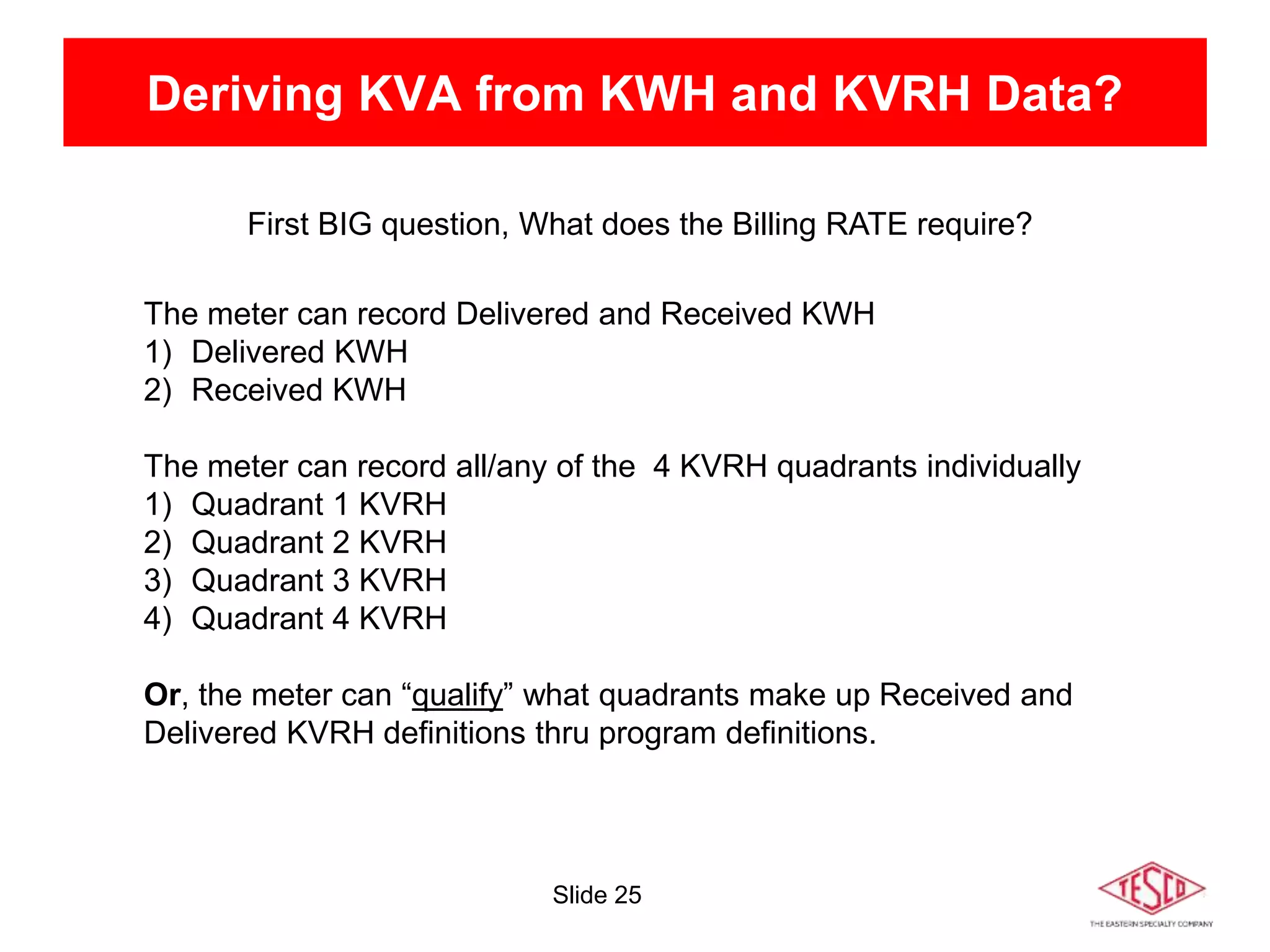 Slide 25
Deriving KVA from KWH and KVRH Data?
First BIG question, What does the Billing RATE require?
The meter can record Delivered and Received KWH
1) Delivered KWH
2) Received KWH
The meter can record all/any of the 4 KVRH quadrants individually
1) Quadrant 1 KVRH
2) Quadrant 2 KVRH
3) Quadrant 3 KVRH
4) Quadrant 4 KVRH
Or, the meter can “qualify” what quadrants make up Received and
Delivered KVRH definitions thru program definitions.
 