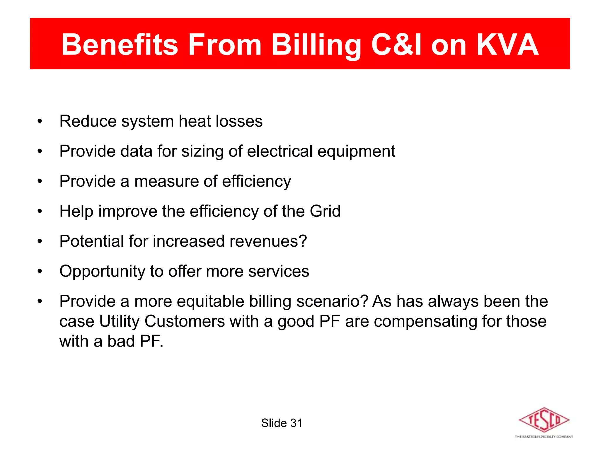 Slide 31
Benefits From Billing C&I on KVA
• Reduce system heat losses
• Provide data for sizing of electrical equipment
• Provide a measure of efficiency
• Help improve the efficiency of the Grid
• Potential for increased revenues?
• Opportunity to offer more services
• Provide a more equitable billing scenario? As has always been the
case Utility Customers with a good PF are compensating for those
with a bad PF.
 