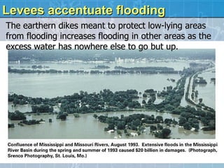 Levees accentuate flooding The earthern dikes meant to protect low-lying areas from flooding increases flooding in other areas as the excess water has nowhere else to go but up. 