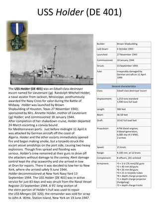 USS Holder (DD 819)
Namesake: Randolph M. Holder
Builder: Consolidated Steel Corporation
Laid down: 23 April 1945
Launched...