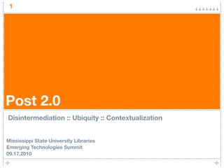 1




Post 2.0
Disintermediation :: Ubiquity :: Contextualization


Mississippi State University Libraries
Emerging Technologies Summit
09.17.2010
 