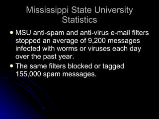 Mississippi State University Statistics MSU anti-spam and anti-virus e-mail filters stopped an average of 9,200 messages infected with worms or viruses each day over the past year. The same filters blocked or tagged 155,000 spam messages. 