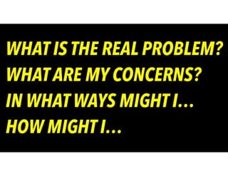 WHAT IS THE REAL PROBLEM?
WHAT ARE MY CONCERNS?
IN WHAT WAYS MIGHT I…
HOW MIGHT I…
 