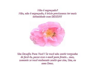 Não é engraçado? Não, não é engraçado, é triste precisamos ter mais intimidade com DEUS!!!!   Um Desafio Para Você ! Se você não sentir vergonha de fazê-lo, passe esse e-mail para frente... mas, somente se você realmente sentir que sim, Sim, eu amo Deus. 