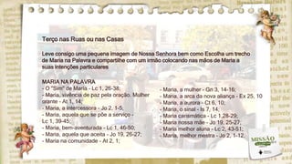 Terço nas Ruas ou nas Casas
MARIA NA PALAVRA
- O "Sim" de Maria - Lc 1, 26-38;
- Maria, vivência de paz pela oração. Mulher
orante - At 1, 14;
- Maria, a intercessora - Jo 2, 1-5;
- Maria, aquela que se põe a serviço -
Lc 1, 39-45;
- Maria, bem-aventurada - Lc 1, 46-50;
- Maria, aquela que aceita - Jo 19, 26-27;
- Maria na comunidade - At 2, 1;
- Maria, a mulher - Gn 3, 14-16;
- Maria, a arca da nova aliança - Ex 25, 10
- Maria, a aurora - Ct 6, 10;
- Maria, o sinal - Is 7, 14;
- Maria carismática - Lc 1,28-29;
- Maria nossa mãe - Jo 19, 25-27;
- Maria melhor aluna - Lc 2, 43-51;
- Maria, melhor mestra - Jo 2, 1-12.
Leve consigo uma pequena imagem de Nossa Senhora bem como Escolha um trecho
de Maria na Palavra e compartilhe com um irmão colocando nas mãos de Maria a
suas intenções particulares
 
