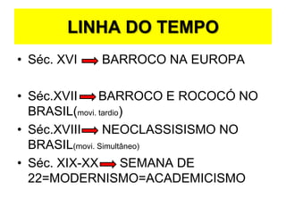 LINHA DO TEMPOSéc. XVI       BARROCO NA EUROPASéc.XVII      BARROCO E ROCOCÓ NO BRASIL(movi. tardio)Séc.XVIII      NEOCLASSISISMO NO BRASIL(movi. Simultâneo)Séc. XIX-XX      SEMANA DE 22=MODERNISMO=ACADEMICISMO