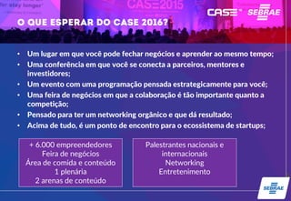 • Um lugar em que você pode fechar negócios e aprender ao mesmo tempo;
• Uma conferência em que você se conecta a parceiros, mentores e
investidores;
• Um evento com uma programação pensada estrategicamente para você;
• Uma feira de negócios em que a colaboração é tão importante quanto a
competição;
• Pensado para ter um networking orgânico e que dá resultado;
• Acima de tudo, é um ponto de encontro para o ecossistema de startups;
+ 6.000 empreendedores
Feira de negócios
Área de comida e conteúdo
1 plenária
2 arenas de conteúdo
Palestrantes nacionais e
internacionais
Networking
Entretenimento
 