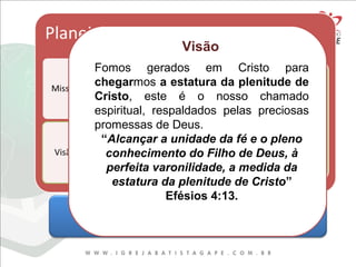 REVELAÇÕES DOUTRINÁRIASREVELAÇÕES DOUTRINÁRIAS
Visão
Fomos gerados em Cristo para
chegarmos a estatura da plenitude de
Cristo, este é o nosso chamado
espiritual, respaldados pelas preciosas
promessas de Deus.
“Alcançar a unidade da fé e o pleno
conhecimento do Filho de Deus, à
perfeita varonilidade, a medida da
estatura da plenitude de Cristo”
Efésios 4:13.
 