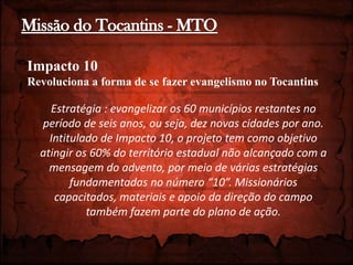 Associação Mato-Grossense - AMTDOM AQUINODepois de uma equipe de colportores conseguirem os primeiros interessados para estudar aBíblia, o distrito de Campo Verde se mobilizou para estabelecer a primeira Igreja Adventista nessa cidade. Por ocasião da Semana Santa, o pastor RhadzonyStorch iniciou o evangelismo num salão alugado, que resultou no primeiro batismo, no dia 19 de junho. Em seguida, uma equipe de Calebes impulsionou ainda mais o trabalho no município. Agora, Dom Aquino já não consta mais da lista de cidades sem presença adventista.