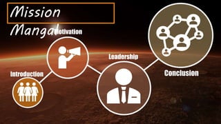 Mission
Mangal
Introduction
Leadership
Motivation
Conclusion
 