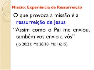 Missão: Experiência de Ressurreição

O que provoca a missão é a
 ressurreição de Jesus
“Assim como o Pai me enviou,
 também vos envio a vós”
  (Jo 20:21; Mt 28,18; Mc 16:15).
 