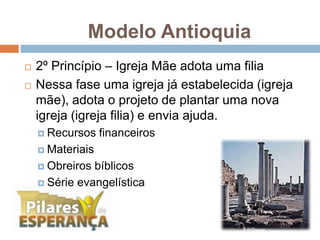 2º Princípio – Igreja Mãe adota uma filia Nessa fase uma igreja já estabelecida (igreja mãe), adota o projeto de plantar uma nova igreja (igreja filia) e envia ajuda.Recursos financeirosMateriais Obreiros bíblicosSérie evangelística Modelo Antioquia 