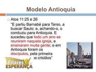 Modelo Antioquia Atos 11:25 e 26  	“E partiu Barnabé para Tarso, a buscar Saulo; e, achando-o, o conduziu para Antioquia. E sucedeu que todo um ano se reuniram naquela igreja, e ensinaram muita gente; e em Antioquia foram os discípulos, pela primeira vez, chamados cristãos”
