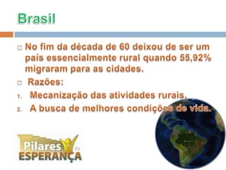 Brasil	No fim da década de 60 deixou de ser um país essencialmente rural quando 55,92% migraram para as cidades. Razões:Mecanização das atividades rurais. A busca de melhores condições de vida.