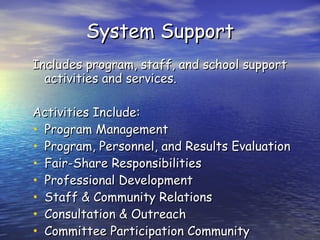 System Support Includes program, staff, and school support activities and services. Activities Include: Program Management Program, Personnel, and Results Evaluation Fair-Share Responsibilities Professional Development Staff & Community Relations Consultation & Outreach Committee Participation Community Research & Development 