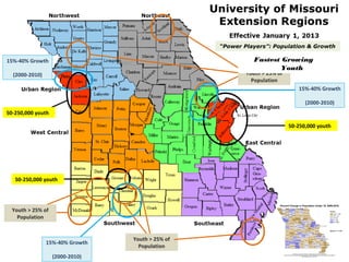 “Power Players”: Population & Growth

15%-40% Growth                                              Fastest Growing
                                                            Largest Percentage of
                                                             Largest Populations
                                                                    Youth
  (2000-2010)                                             Youth > 25% of
                                                            Population
                                                                              15%-40% Growth

                                                                                 (2000-2010)
50-250,000 youth

                                                                           50-250,000 youth




   50-250,000 youth




  Youth > 25% of
    Population


                                 Youth > 25% of
                15%-40% Growth
                                   Population
                   (2000-2010)
 