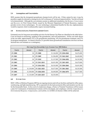 National Defense Authorization Act (NDAA) Long-Term Stewardship Report

2.4

Assumptions and Uncertainties

DOE assumes that the designated groundwater cleanup levels will be met. If they cannot be met, it may be
possible to apply for alternative cleanup levels (ACLs) because of “technical impracticability,” but this will need
to be demonstrated. Although the cost estimates assume no additional remediation, the Resource Conservation
and Recovery Act Post Closure Permit, issued by the Missouri Department of Natural Resources, requires
periodic review of new technologies. If a new technology is determined feasible for this site, implementation
would be required, which would possibly require increased funding.
3.0

ESTIMATED LONG-TERM STEWARDSHIP COSTS

Estimated costs for long-term stewardship activities for the Kansas City Plant are identified in the table below.
Costs are based on monitoring, sampling of the groundwater, and well maintenance. Of the cost totals shown
in the cost table, approximately 55% is for groundwater monitoring, 18% for groundwater treatment, and 27%
for program management. As stated in Section 2.4, possible future groundwater remediation costs have not been
factored into cost estimates as a contingency.
Site Long-Term Stewardship Costs (Constant Year 2000 Dollars)
Year(s)

Amount

Year(s)

Amount

Year(s)

Amount

FY 2000

$0

FY 2008

$1,166,000

FY 2036-2040

$6,676,000

FY 2001

$0

FY 2009

$1,506,000

FY 2041-2045

$6,689,000

FY 2002

$0

FY 2010

$1,167,000

FY 2046-2050

$6,345,000

FY 2003

$0

FY 2011-2015

$6,691,000

FY 2051-2055

$6,679,000

FY 2004

$0

FY 2016-2020

$6,343,000

FY 2056-2060

$6,691,000

FY 2005

$1,164,000

FY 2021-2025

$6,677,000

FY 2061-2065

$6,345,000

FY 2006

$1,504,000

FY 2026-2030

$6,690,000

FY 2066-2070

$6,677,000

FY 2007

$1,165,000

FY 2031-2035

$6,345,000

4.0

FUTURE USES

DOE’s Office of Defense Programs (DP) has an ongoing mission and will use facilities and land for office space,
warehousing, and light manufacturing. DP is expected to be the lead secretarial office and intends to use the site
for the foreseeable future. In the event of a landowner change, a Notice to Potential Transferees will be issued,
a plan for Continuation of Institutional Controls will be developed, and compliance with the Comprehensive
Environmental Response, Compensation, and Liability Act (CERCLA) Section 120(h) will be achieved.

Missouri

8

 