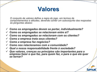12
©The McGraw-Hill Companies, Inc., 2004
Valores
O conjunto de valores define a regra do jogo, em termos de
comportamentos e atitudes, devendo conter um subconjunto das respostas
às perguntas abaixo:
 Como os empregados devem se portar, individualmente?
 Como os empregados se relacionam entre si?
 Como os empregados se relacionam com os clientes?
 Como a empresa trata seus clientes?
 Como a empresa faz negócios?
 Como nos relacionamos com a comunidade?
 Qual a nossa responsabilidade frente à sociedade?
 Que valores, crenças ou princípios são importantes para a
empresa fazer o que faz, para quem faz, e para o que ela quer
se tornar?
 