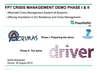 © Fraunhofer
FP7 CRISIS MANAGEMENT DEMO PHASE I & II
- Aftermath Crisis Management System-of-Systems -
- DRiving InnoVation in EU Resilience and Crisis Management -
Phase I: Preparing the demo
Phase II: The demo
Merle Missoweit
Davos, 30 August 2013
 