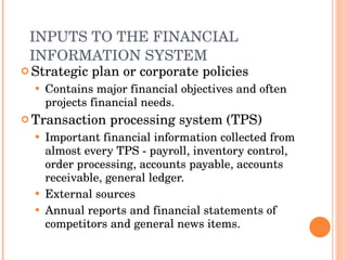 INPUTS TO THE FINANCIAL INFORMATION SYSTEM Strategic plan or corporate policies Contains major financial objectives and often projects financial needs. Transaction processing system (TPS) Important financial information collected from almost every TPS - payroll, inventory control, order processing, accounts payable, accounts receivable, general ledger. External sources Annual reports and financial statements of competitors and general news items. 