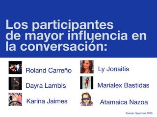 Los participantes 
de mayor inﬂuencia en 
la conversación:
Roland Carreño
Dayra Lambis
Karina Jaimes
Ly Jonaitis
Marialex Bastidas
Atamaica Nazoa
Fuente: Sysomos 2015	
  
 