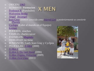    ORIGEN: 1963
   NOMBRES : Formacion
   Professor X (Fundador)
   Wolverine Bestia
   Angel/Arcangel
   Jean Grey tambien conocida como Marvel Girl y posteriormente se convierte
    en Phoenix
   Cyclops (Lider al mando en el Equipo)
   Iceman
   PODERES: muchos
   FAMILIA: charles xaver
   ENEMIGOS: Magneto
   DEBILIDAD: no tiene
   ROMANCES : Lady Jean Gray y Cyclpos
   PELICULAS: X-Men (2000)
   X-Men 2 (2003)
   X-Men 3: The Last Stand (2006)
   X-Men Origins: Wolverine (2009)
   X-Men: First Class (2011)
 