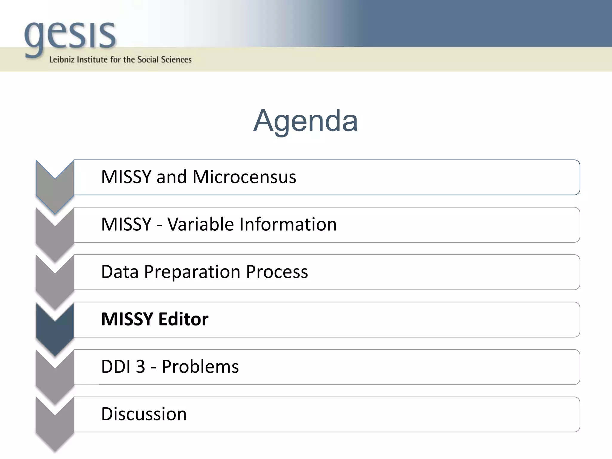 Agenda
• MISSY and Microcensus

• MISSY - Variable Information

• Data Preparation Process

• MISSY Editor

• DDI 3 - Problems

• Discussion
 