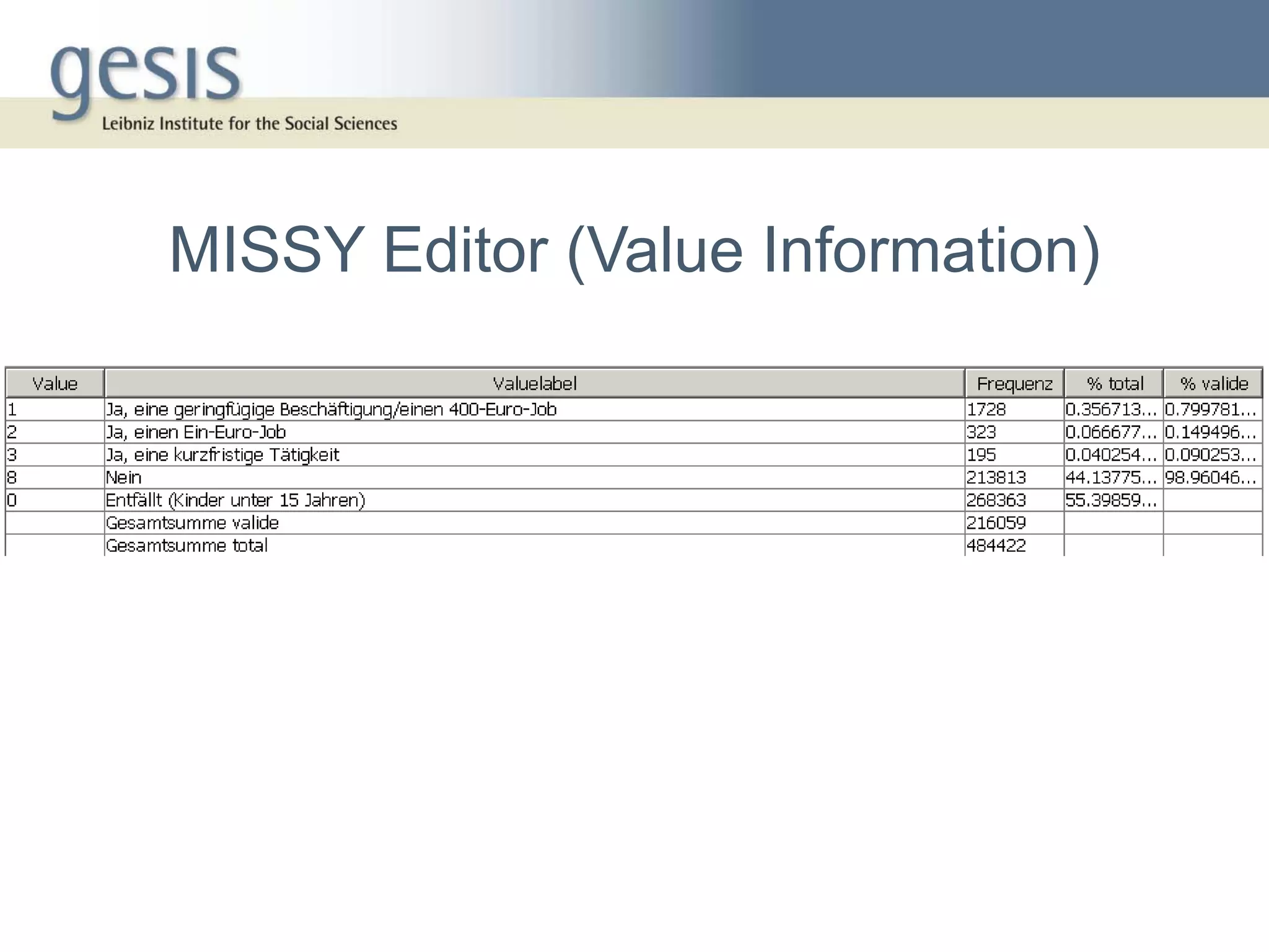 MISSY Editor (Value Information)
 