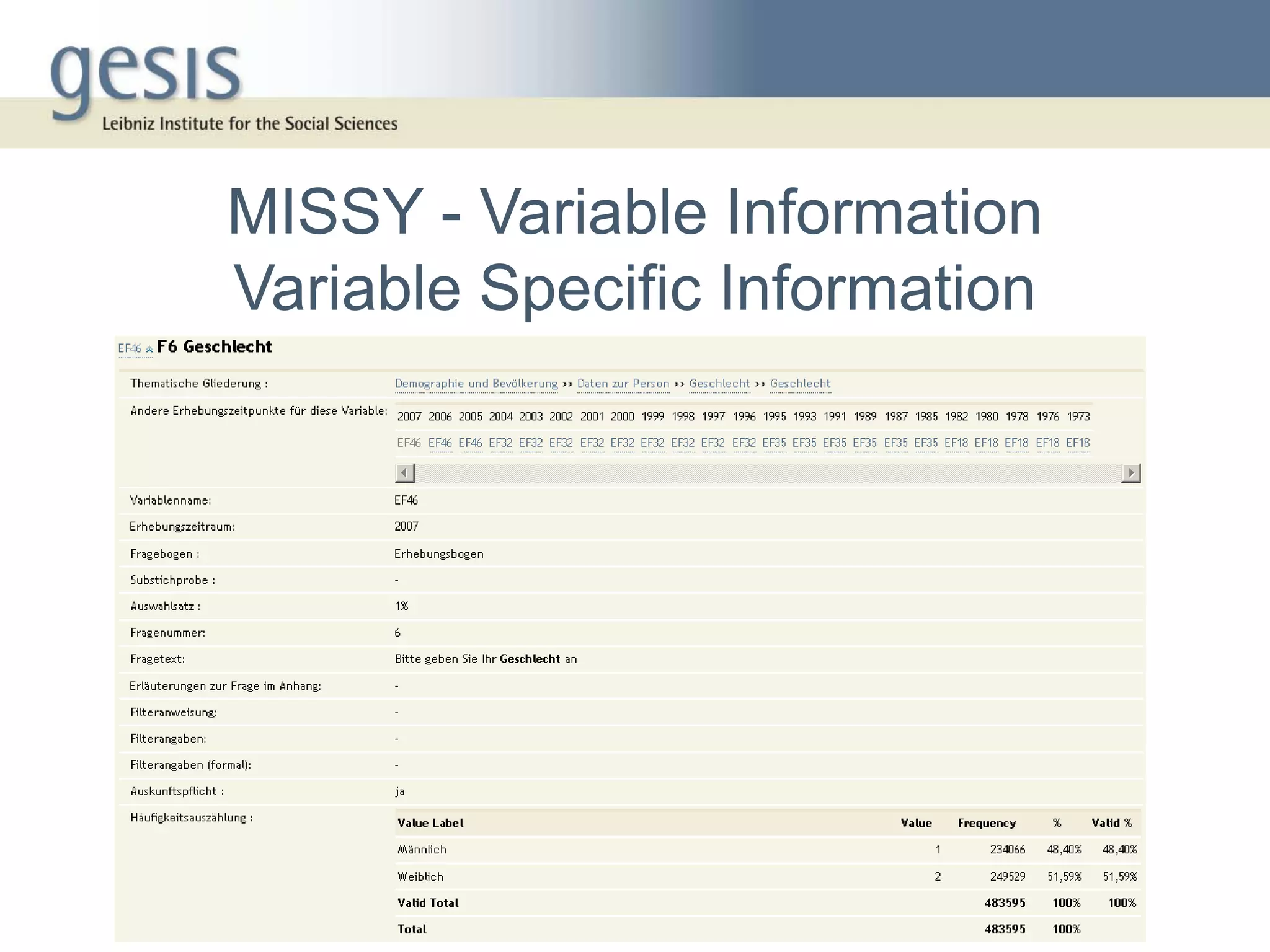MISSY - Variable Information
Variable Specific Information
 