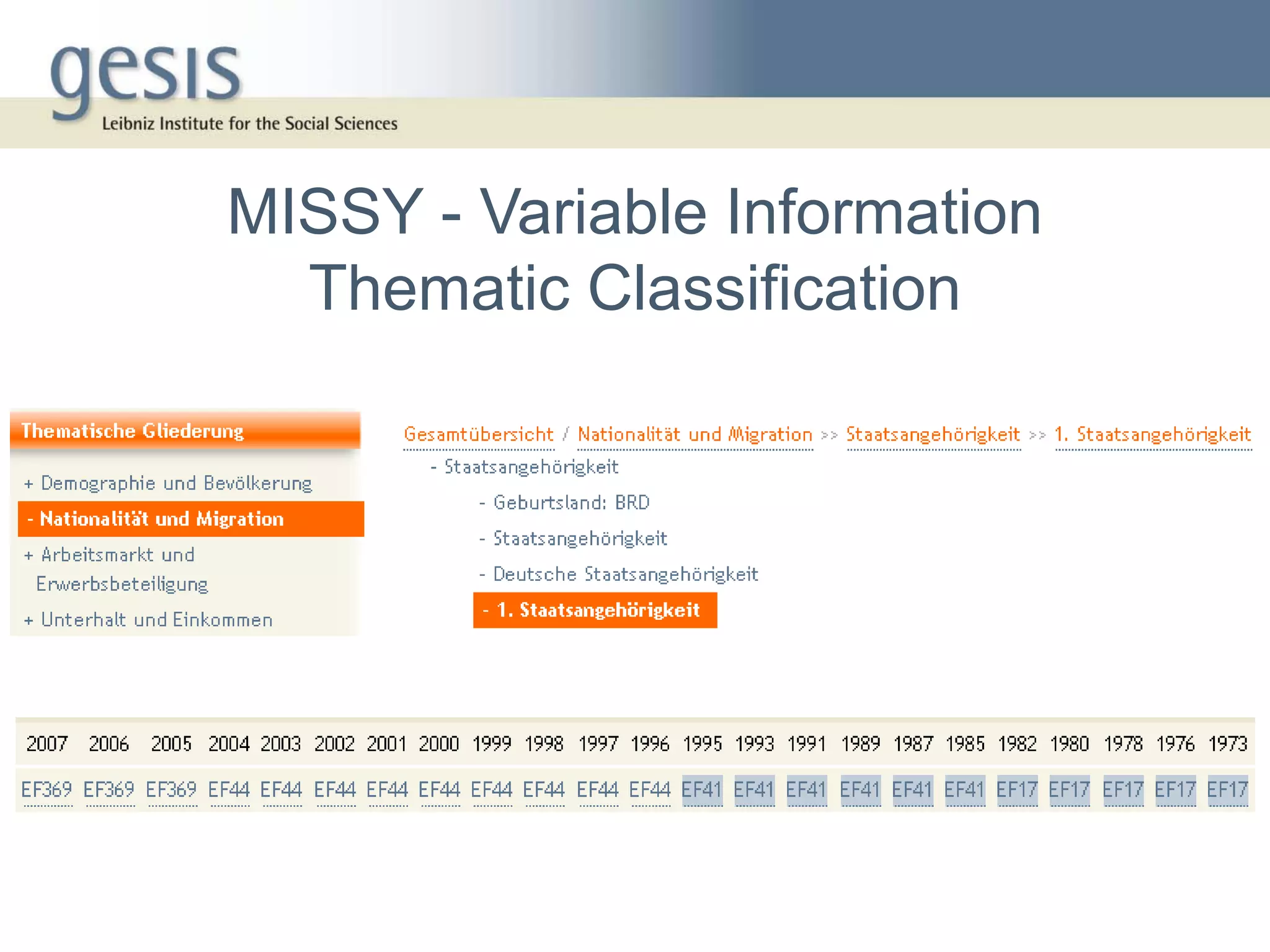 MISSY - Variable Information
  Thematic Classification
 