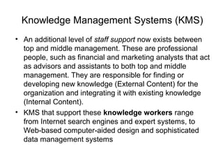 Knowledge Management Systems (KMS)
• An additional level of staff support now exists between
top and middle management. These are professional
people, such as financial and marketing analysts that act
as advisors and assistants to both top and middle
management. They are responsible for finding or
developing new knowledge (External Content) for the
organization and integrating it with existing knowledge
(Internal Content).
• KMS that support these knowledge workers range
from Internet search engines and expert systems, to
Web-based computer-aided design and sophisticated
data management systems
 
